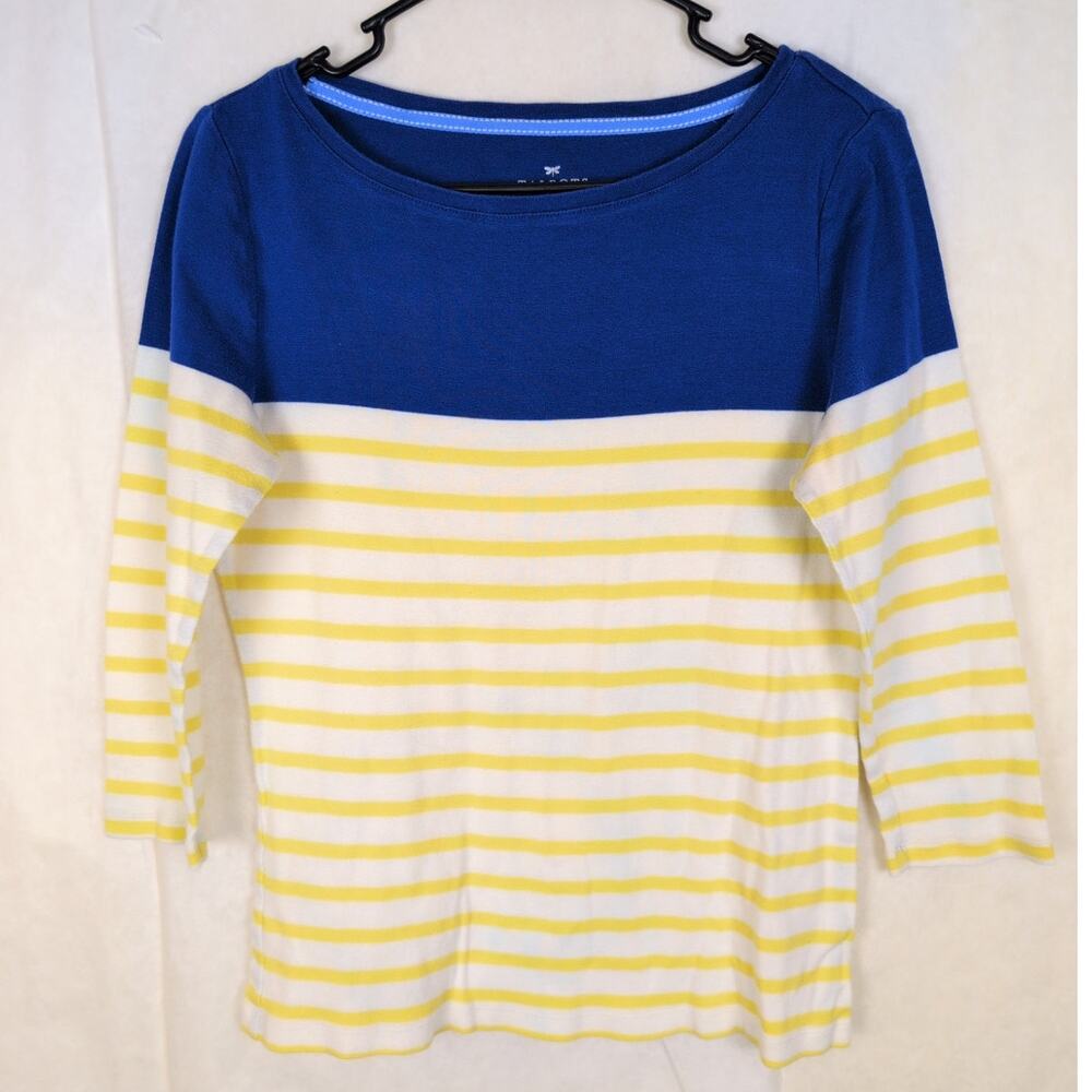 Talbots navy blue and yellow striped top Size Med Casual Nautical Coastal Preppy